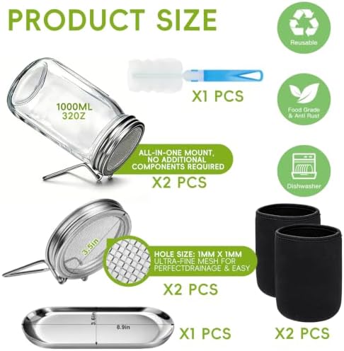 Sprouting Jar Kit-2Pack Wide Mouth Mason Jars with Mesh Sprout Lids，32 oz - Image 3