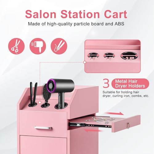 Winado Salon Trolley Cart with 4 Trays, 3 Hair Dryer Holders, Pink - Image 5