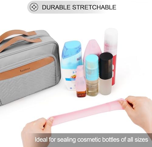 COOSKY Travel Hanging Toiletry Bag for Women, Large Makeup Bag 8 Leak Proofing Silicone Bottle Covers, Waterproof Cosmetic Bag with Jewelry Organizer Compartment, Toiletries Kit Set, Grey - Image 3