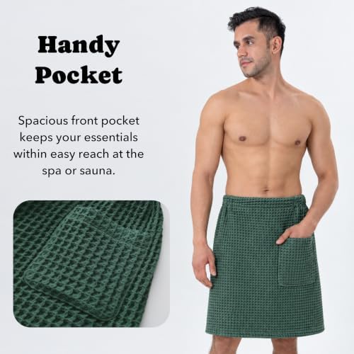 Luxury Organic Japanese Cotton Waffle Body Towel Wrap for Men | Sauna, Spa, Onsen, Shower Towel with Adjustable Snap Closure and Pocket | Ultra Plush 450 GSM (Forest Green, S/M) - Image 5