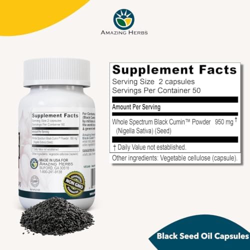 Amazing Herbs Whole Spectrum Black Seed Oil Capsules - 100 Count, 475mg - Image 2