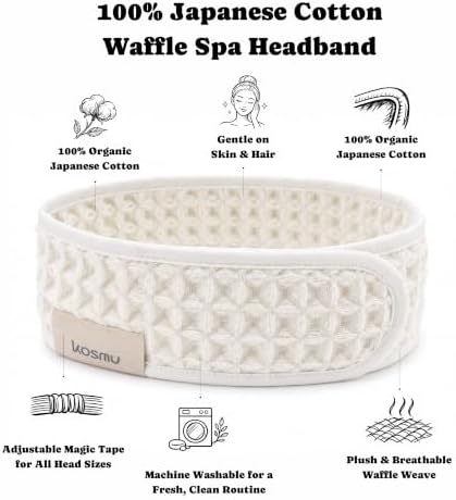 Luxury Organic Japanese Cotton Waffle Spa Headband for Women | Adjustable Towel Headband with Magic Tape | Makeup, Face Washing, Facial, Cosmetic & Skincare, Gift for Her Self-care (Shell White) - Image 2