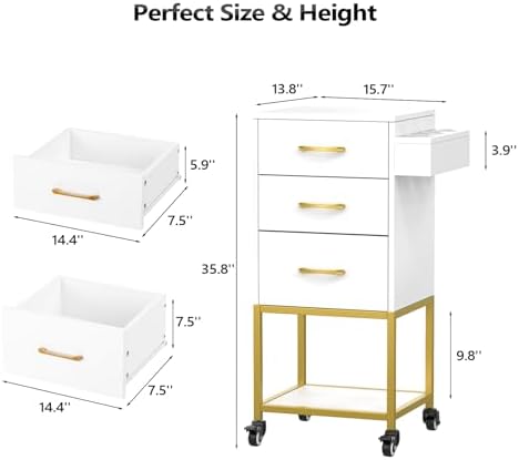 OmySalon Salon Storage Trolley Cart, White Gold Salon Station for Stylist, Beauty Wooden Hair Cabinet with Dryer Holder & Drawer, Hairdressing Tools Organizer Equipment for Spa Barbershop - Image 3