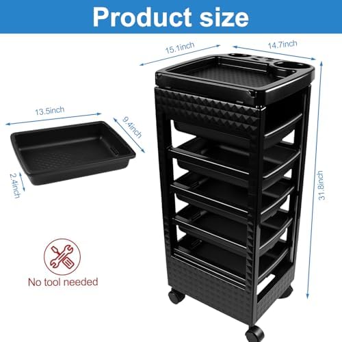 Salon Trolley Cart with 5 Drawers, Beauty Rolling Hair Rack with Worktop, Portable Salon Station for Hair Stylist, Professional Beautician’s Equipment with Wheels for Spa/Tattoo - Image 2