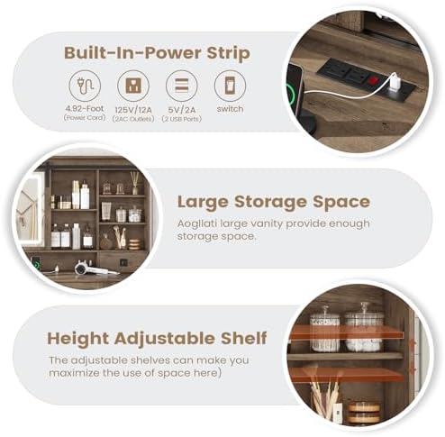 AOGLLATI Farmhouse Makeup Vanity Desk with Lights & Charging Station,Vanity Desk with Mirror and Lights, 47.2” Large Brown Vanity Table with Ample Storage Space and Sliding Mirror (Oak Brown) - Image 5