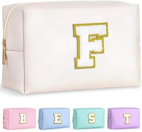 TOPEAST Preppy Makeup Bag, Small Cosmetic Travel Bags for Women, PU Leather Waterproof Toiletry Bag with Zipper, Personalized Birthday Gift for Women Girl, Preppy Gifts for Girl (White F) by TOPEAST