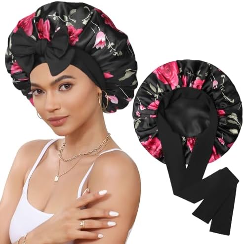 Satin Bonnet Silk Bonnet for Sleeping Silk Sleep Cap Double Layer Hair Bonnet with Elastic Tie Band for Curly Hair Night Cap by CHLINS