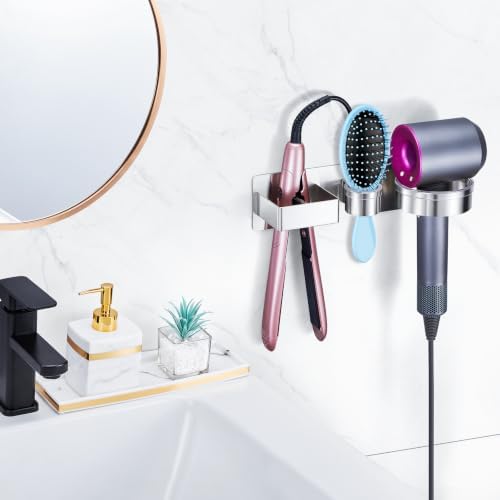Hair Dryer Holder Wall Mounted Hair Straightener Holder, Blow Dryer Curling Iron Holder Metal, 3 in 1 Bathroom Hair Tools Organizer for Blow Dryer, Flat Irons, Hot Tool Holder (Silver) - Image 4