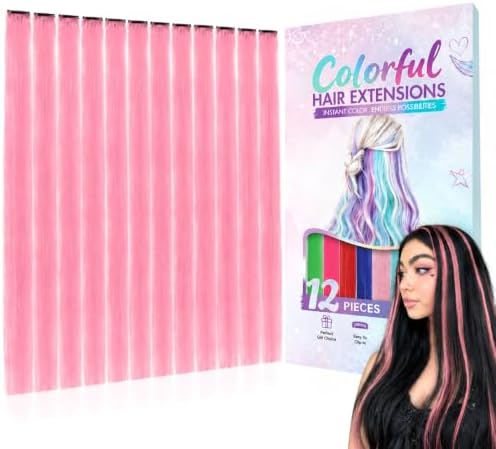 Pink Colored Clip in Hair Extensions, Synthetic Hair for Girls by KRALER