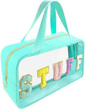 Bunliuys Chenille Letter Clear Makeup Bag with Stuff Patch, Travel Toiletry Makeup Bag with Handle, Nylon Waterproof Cosmetic Bag, Preppy Patch Makeup Bag for Women (Light Blue) by Bunliuys