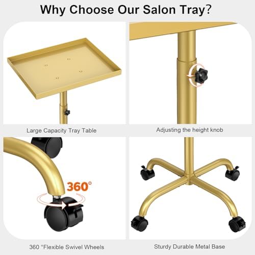 Salon Rolling Tray Hair Stylist Tray Cart, Tattoo Tray Dental Tray Adjustable Height, Metal Service Tray Trolley, Medical Storage Tray Cart Rolling Trolley (Champagne Gold) - Image 3