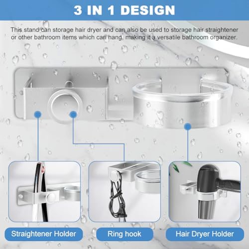 Silver Hair Dryer Holder Wall Mount, No Drill Hair Tool Organizer - Image 4