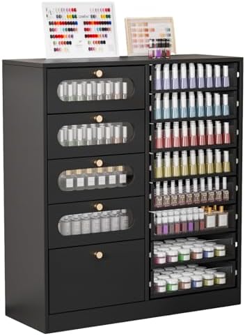 OmySalon Nail Salon Organizer Cabinet, 32" L Floor Storage with 8 Clear & 4 Visual Drawers, Wooden Display for Polish & Powder, Beauty Salon Furniture (Black, 32'' Length) by OmySalon