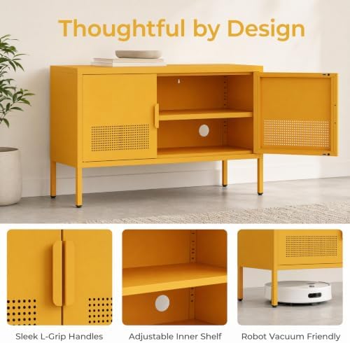 Wide Metal TV Stand with Ventilated Mesh Doors and Adjustable Shelf, Low Media Console Accent Cabinet Locker, Yellow Multifunctional 2 Door Cabinet for Living Room Bedroom Home Office - Image 3