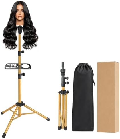 AliLeader 50 Inch Wig Stand Tripod with Tray Adjustable Mannequin Head Stand Stainless Steel Wig Tripod Stand Wig Head Stand for Hairdressing Training (Mannequin Head Not Included,Golden) by AliLeader