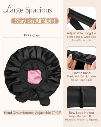 BONNET QUEEN Silk Bonnet for Sleeping Women HYALURONIC Acid Reversible Double Layer Satin Bonnet Night Sleep Cap Wrap for Curly Hair with Adjustable Tie Band & Scrunchie, Black & Rose Gold - Image 4