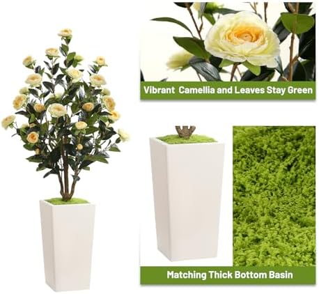 Romantic Season 4FT Artificial Camellia Tree with White Tall Planter, Yellow Faux Camellia Plant Flower Tree for Modern Home Office Living Room Floor Décor Outdoor Indoor，Yellow - Image 2