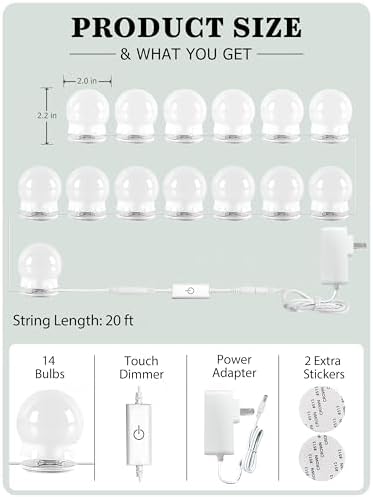 Waneway 14 Bulb Vanity Lights for Mirror, Plug-in Power Adapter & Touch Dimmer, 6,000K, 1350 Lumens (Mirror Not Included) - Image 2
