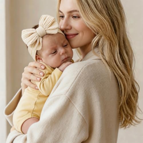 Baby Bows Headbands Soft Nylon Handmade Hair Accessories for Newborn Infant Toddler Kids (Beige, Large) - Image 4