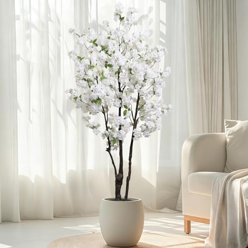 Artificial White Cherry Blossom Tree 6ft(72in) Faux Plant for Indoor Decor by DecorArt