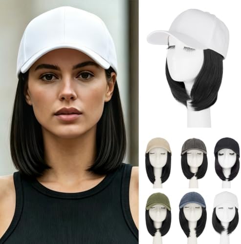 Rich Choices Hat Wigs for Women,White Baseball Cap with Hair Extensions for Women,Short Bob Hairstyle Caps with Straight Synthetic Hairs Attached Adjustable Baseball Cap Wig 6 Inch-Black Hair by RichChoices