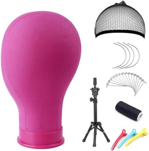 22 Inch Canvas Block Head Pink Wig Head with Wig Stand Tripod Mannequin Head Stand for Wigs Trimming Making Display.(22 Inch Pink) by Monicass