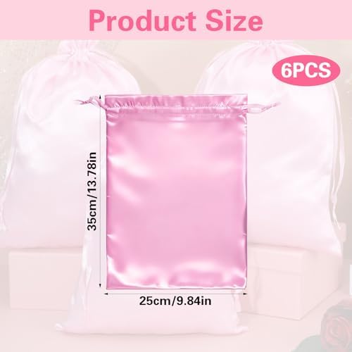 6 Pcs Satin Wig Bags With Drawstring, Silk Hair Storage Bags For Multiple Wigs, Bundles, Extensions, Pink - Image 2