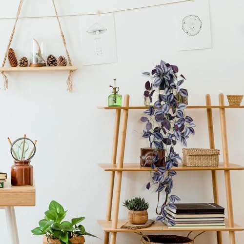 LOYWREE 3Pack Small Fake Hanging Purple Plant Artificial Potted Plants Indoor 39-in Long Faux Dark Black Vine Plant for Shelf Home Office and Outdoor Garden Decor (Black Pot) - Image 5