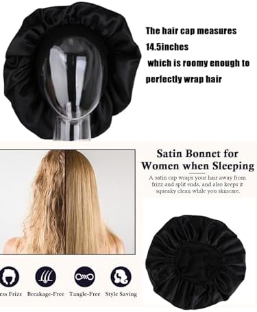 2 Pcs Extra Large Size Women Satin Bonnet Sleep Cap Silk Feeling Shower Cap Hair Scarf Wrap (Black Burgundy Hot Pink) (Black) - Image 6