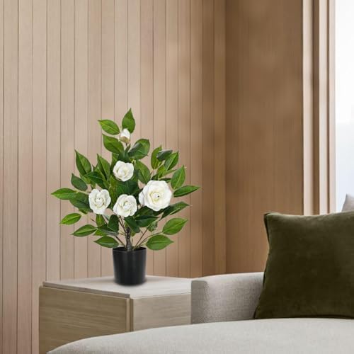 Small Artificial Camellia Roses Potted - 17.7" White Faux Camellia Rose Mini Tree Fake Flower Plant Artificial Plants & Flowers Indoor with Planter for Home Office Living Room Porch Arrangement Decor - Image 3