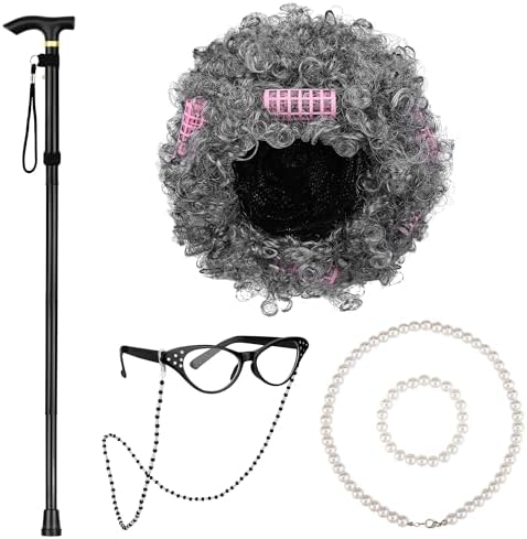 AOTHSO 6 Pieces Old Lady Wig Costume Set Grandma Wig with Cap Cane Pearl Necklace Bracelet for 100 Days of School Halloween by AOTHSO