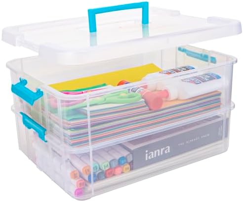 TERGOO 2 Layer Plastic Storage Containers with Lids, Multipurpose Clear Stack & Carry Box, Portable Craft Organizers and Storage Bin for Organizing Art & Craft, Sewing, Makeup, Nail Supplies (Blue) by Focusonefficientstorage