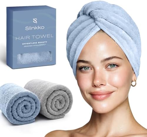 Microfiber Hair Towel Wrap for Women – Ultra Absorbent Quick Dry Turban | Button & Loop Design | Soft Lightweight Fabric | Reduces Frizz & Breakage | All Hair Types | Blue & Grey by Slinkko