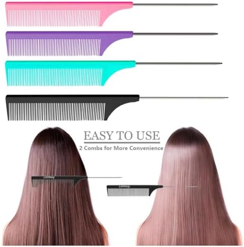 8pcs Rat Tail Combs Set,Long Steel Pin Teasing Combs for Salon Hair Stylists,2 styles and multiple colorsb of Metal Parting Combs for Women,Hair Teasing Fine Tooth Comb Aigee - Image 6