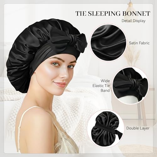 Silk Bonnet for Sleeping Satin Hair Bonnet Double Layer Adjustable Sleep Cap with Elastic Tie Band - Image 3