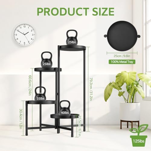 4 Tier Large Plant Stand Indoor Outdoor, 10 In Wide Tray, Black - Image 3