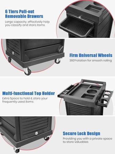 Lorvain Salon Beauty Rolling Trolley Cart with Wheels and 6 Drawers, Black - Image 3