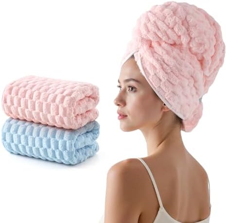 REDKISS 2 Pack Microfiber Hair Towels - Extra Large Hair Towel Wrap for Women, 24x42 inch Pink Hair Towels with Elastic Strap, Super Soft Blue Hair Drying Towels Curly Anti Frizz Turbans by REDKISSOnline