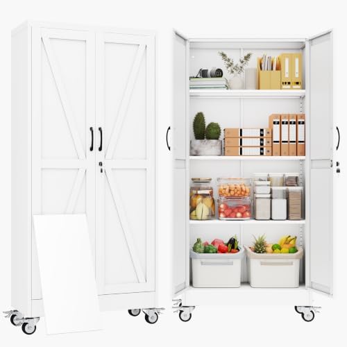 61" Metal Garage Storage Locker Cabinet with Wheels,Rolling White Lockable Tool Cabinet with 2 Doors and 3 Adjustable Shelves, Steel File Cabinet for Home Office Warehouse Gym by BAOLIWO