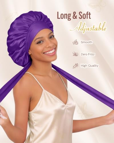 BONNET QUEEN Double Layer Silk Bonnet for Sleeping for Women Satin Lined Bonnet Night Cap for Curly Hair with Tie Band,Purple - Image 3
