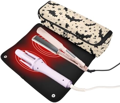 Hair Tools Travel Bag with Heat Resistant Mat 2-in-1 Hot Tools Travel Bag Organizer Flat Curling Iron Travel Case for Straightener White Halloween Bats Stars - Image 2