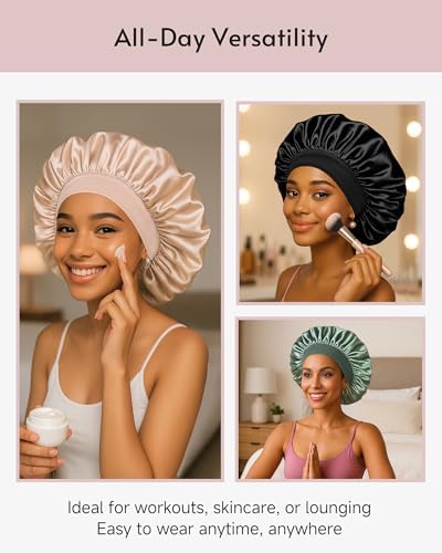 Yanideer 3 Pcs Satin Bonnet for Sleeping Double Layer Hair Bonnets for Women with Elastic Band - Image 5