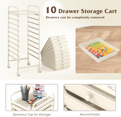 Giantex 10-Drawer Storage Cart w/Universal Wheel, Rolling Cart w/Handle, Home Organizer Storage Unit w/Removable Drawers, Trolley Utility Cart for Kitchen Makeup Living Room Office Play Room, Ivory - Image 5