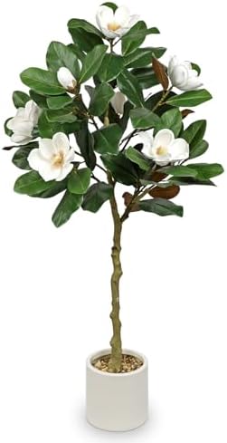 Briful 5FT Artificial Magnolia Tree with White Flowers in Cream Pot by Briful