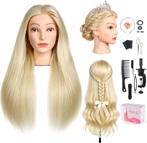 90% Human Hair Mannequin Head,26''Beige Blonde Real Hair Mannequin Head,Cosmetology Manikin Head Doll Hair Styling Hairdressing Practice Training Wig Head with Clamp Holder and Tools by TopDirect