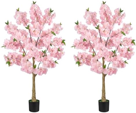 2 Pack Pink Artificial Cherry Blossom Tree, 4FT Faux Sakura Flowers Decor by Unknown