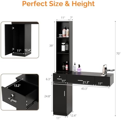 OmySalon Wall Mount Barber Stations, Salon Stations for Hair Stylist, Hair Styling Equipement Set with a Storage Cabinet, 2 Drawers and a 3 Tier Shelf (Black) - Image 5