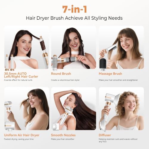 7 in ONE Hair Dryer Brush, Powerful Blow Dryer Brush with Air Curler for Hair, Brush Blow Dryer with Diffuser, Ionic Hot Air Brush Fast Dry, Volumize, Curls, Straight, Hair Styling Tools 100-120V - Image 2