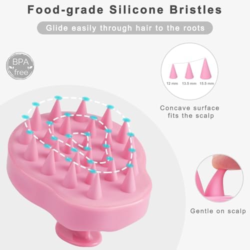 FREATECH Massager Shampoo Brush with Soft Silicone Bristles for Scalp Care, Shower Hair Scalp Scrubber Exfoliator for Dandruff Removal and Hair Growth, Wet & Dry for Men, Women and Kids, Pink - Image 3