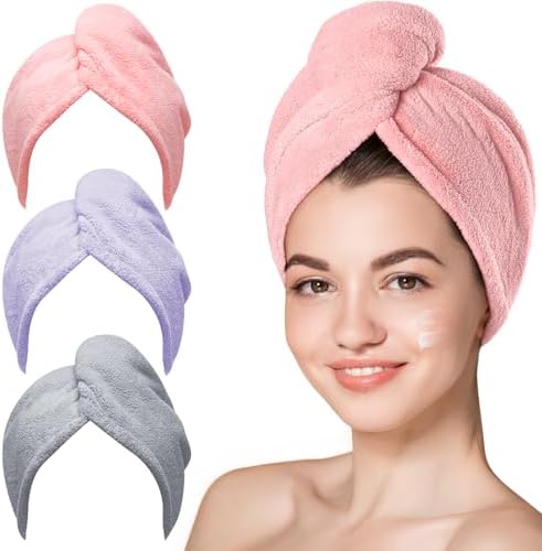 Hicober Microfiber Hair Towel Wrap for Women, Pink Purple Grey, 3-Pack by Hicober